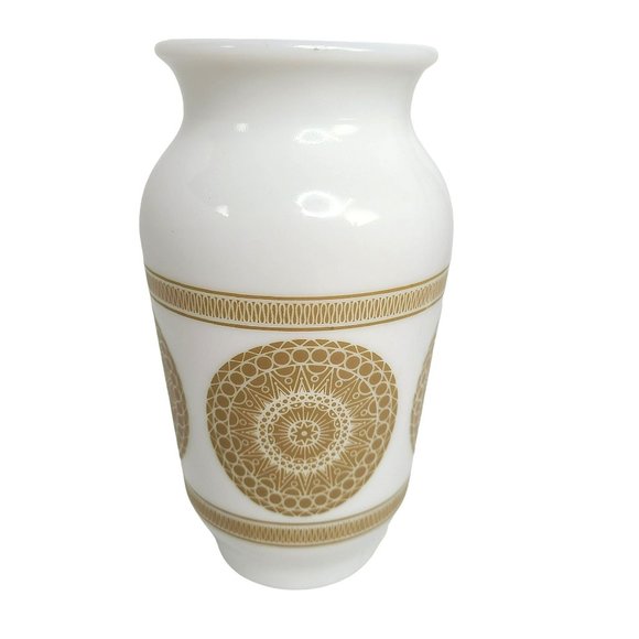 Vintage MCM Milk Glass Mandala Medallion Pattern Vase 7" White w Brown Pattern - Picture 2 of 8